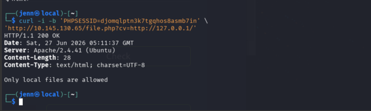 Loopback fetch attempt response | scopes hypothesis to LFI rather than SSRF